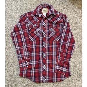 Vintage Wrangler Shirt Large Red Plaid Western Pearl Snap Small Button Up Cowboy